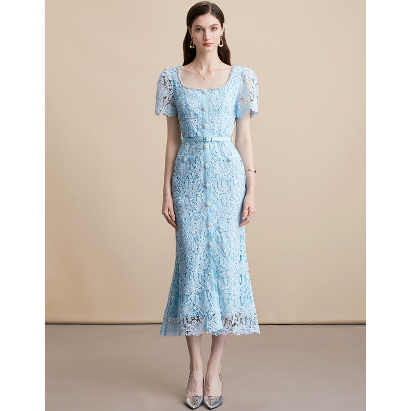 Square Neck Lace Mermaid Dress