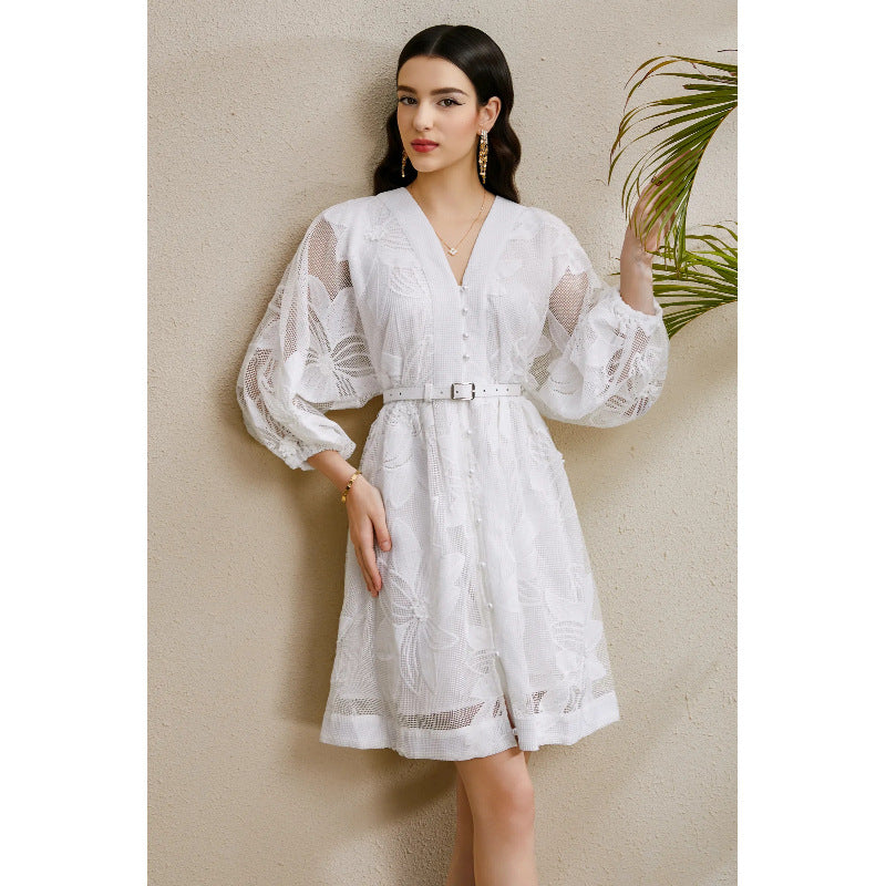 3D Floral Lace Puff Sleeve Mini Dress