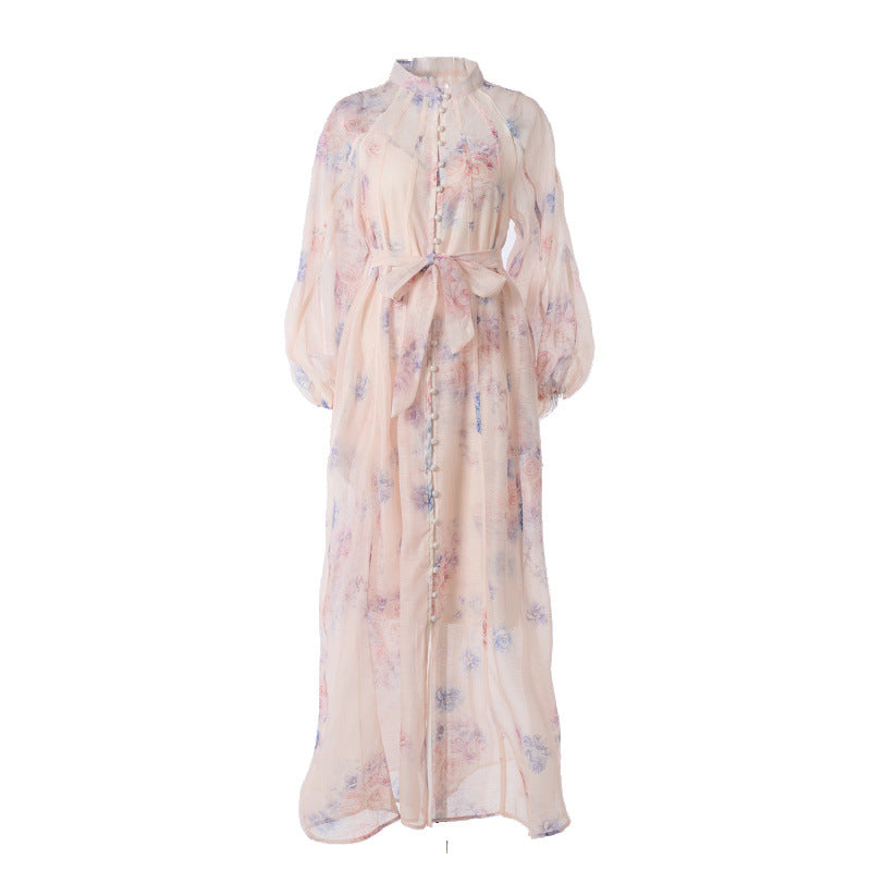 Sheer Floral Belted Maxi Dress