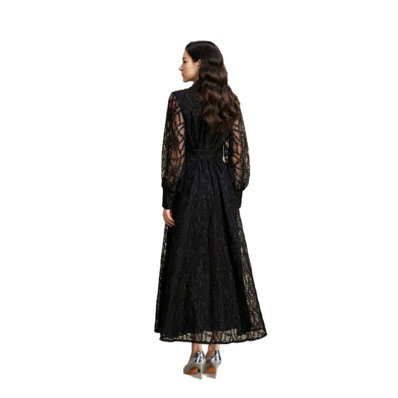 Embroidered V-Neck Lantern Sleeve Dress