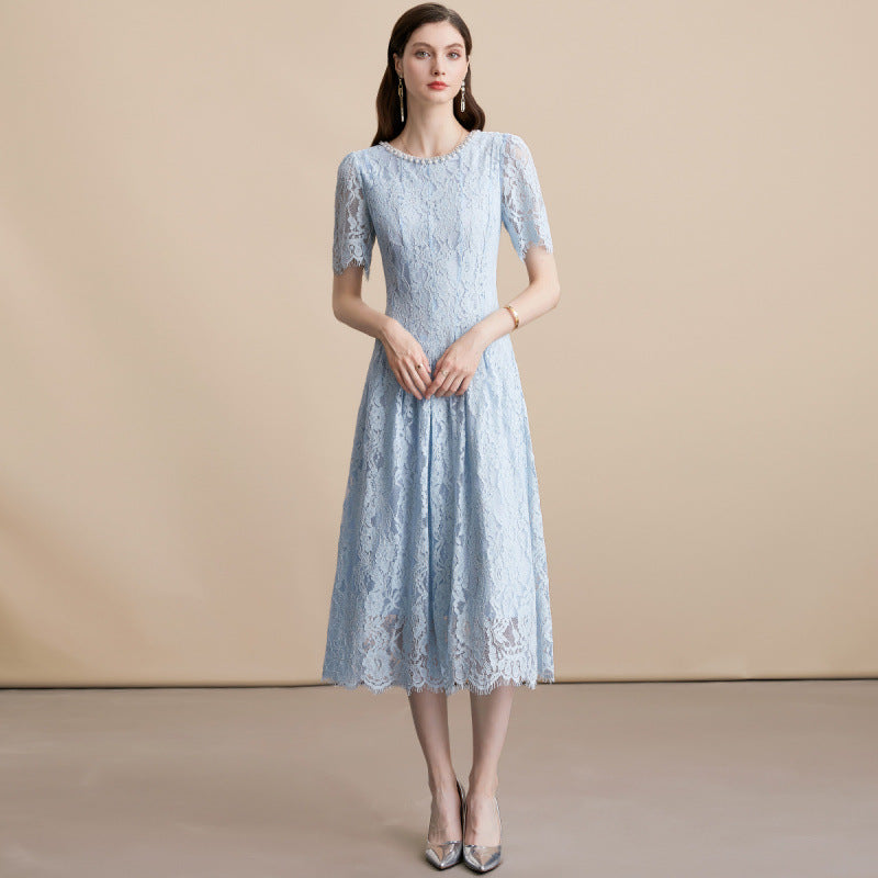 Pearl Embellished Sky Blue Lace Dress