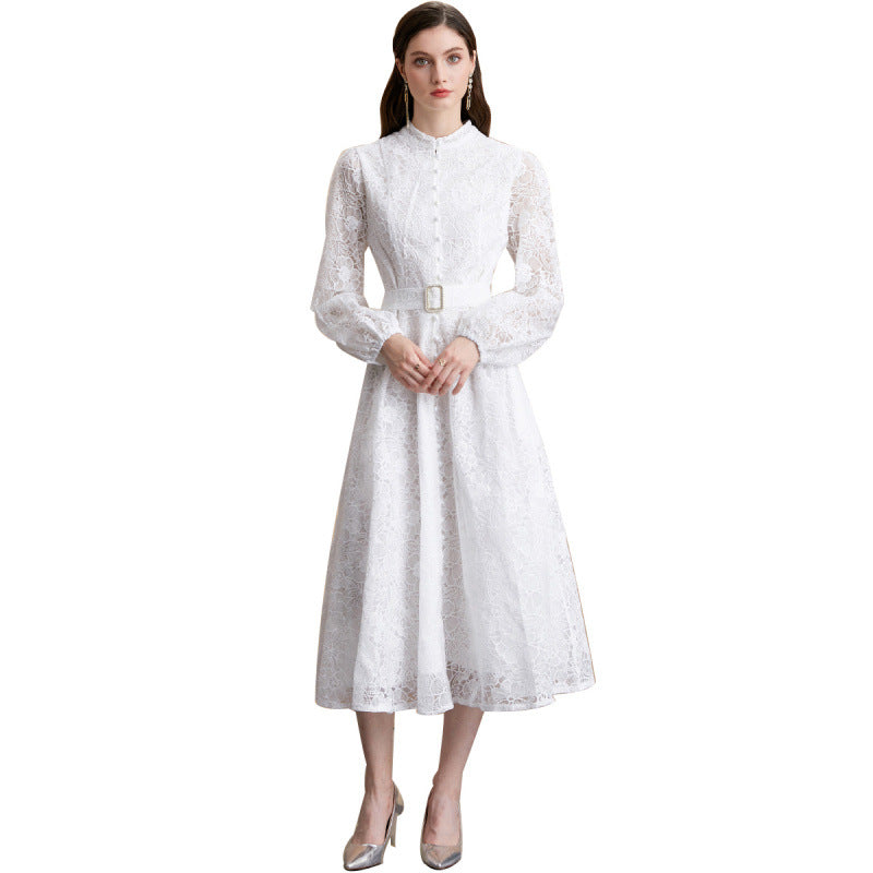 Lace Embroidered Belted Midi Dress