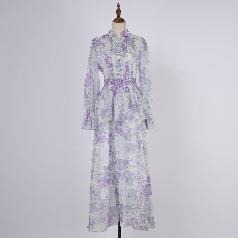 Embroidered Button Waist Maxi Dress