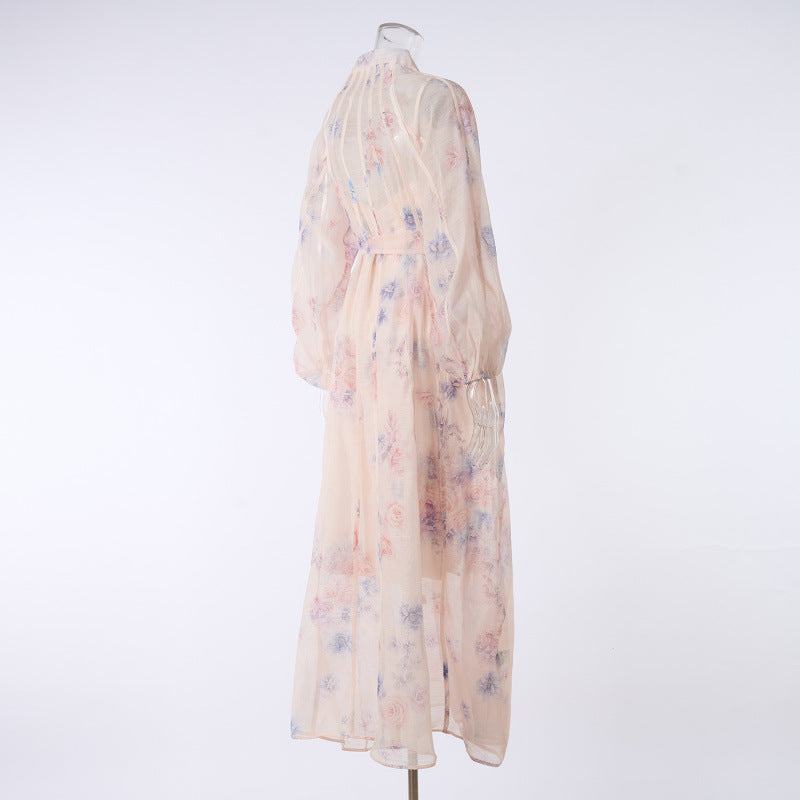 Sheer Floral Belted Maxi Dress