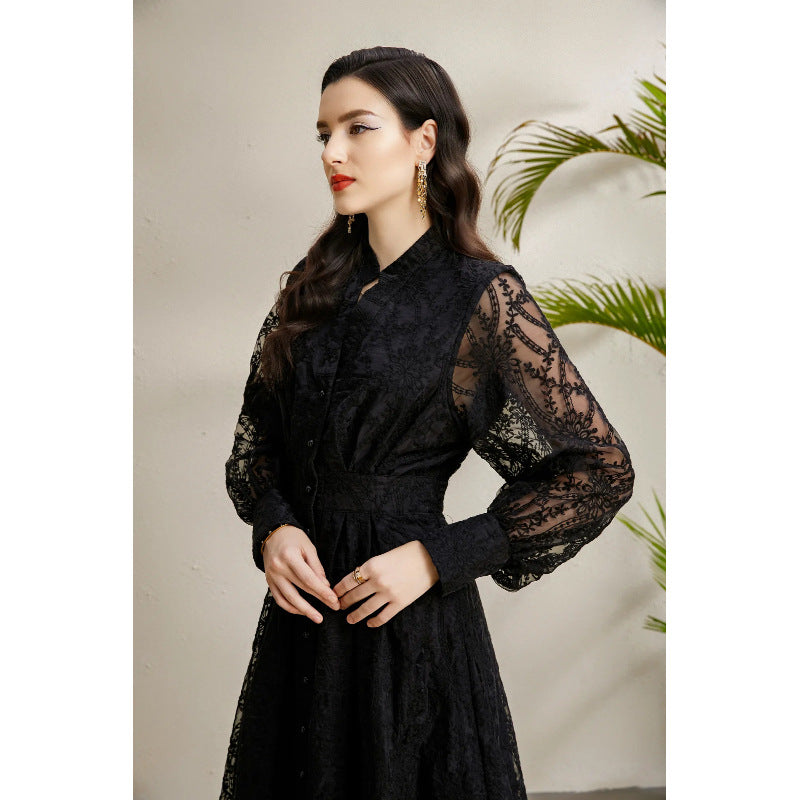 Embroidered V-Neck Lantern Sleeve Dress