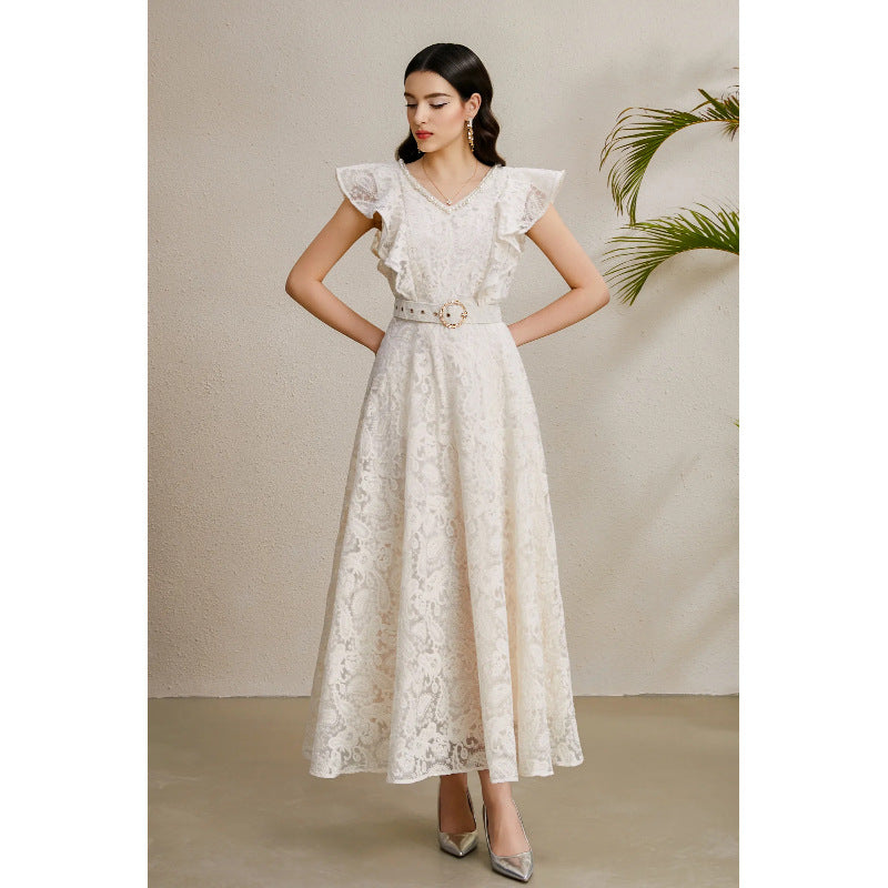 Beaded V-Neck Flutter Sleeve Maxi Dress