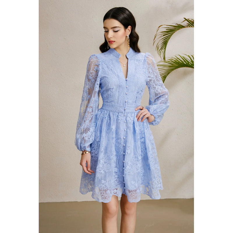 Embroidered V-Neck Lantern Sleeve Dress