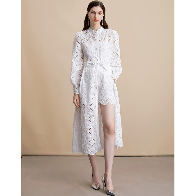 White Lace Hollow-Out Dress Set