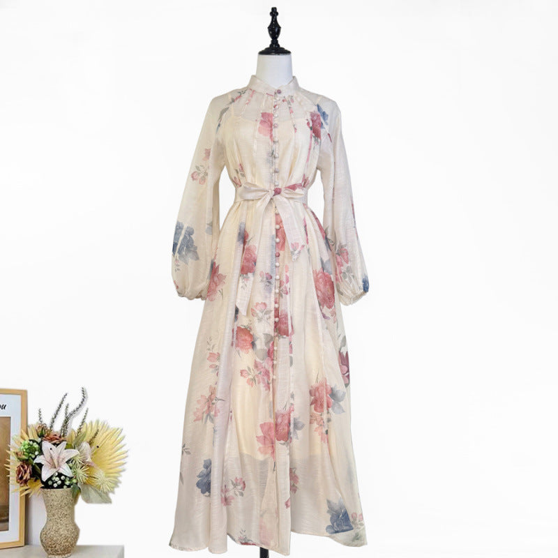 French Floral Stand Collar Dress