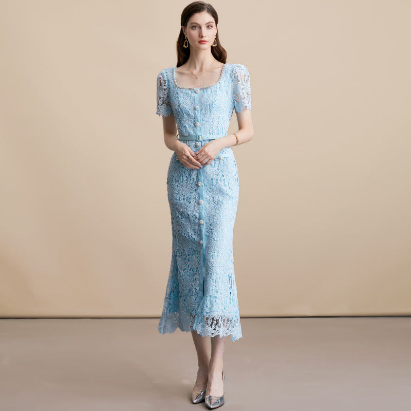 Square Neck Lace Mermaid Dress