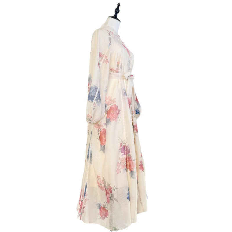 French Floral Stand Collar Dress