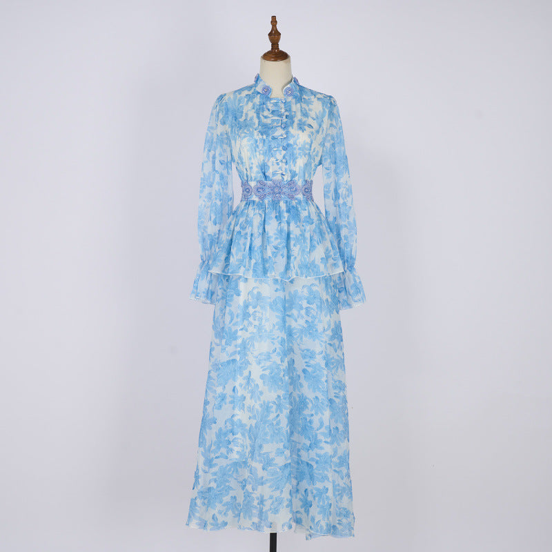 Embroidered Button Waist Maxi Dress