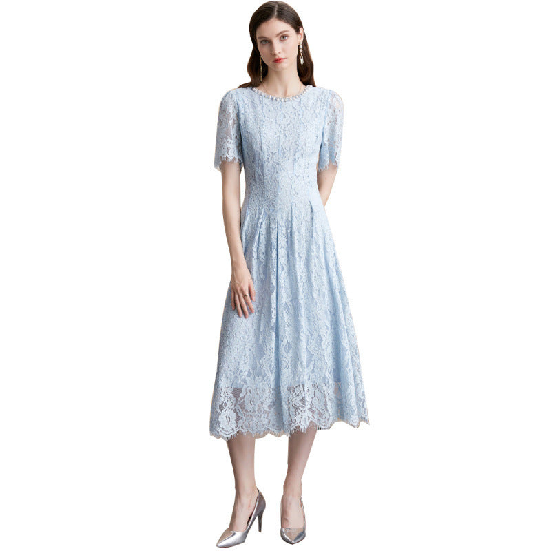 Pearl Embellished Sky Blue Lace Dress