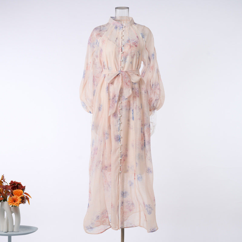 Sheer Floral Belted Maxi Dress