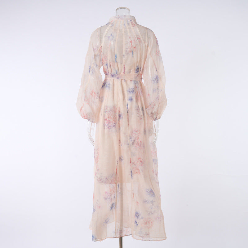 Sheer Floral Belted Maxi Dress