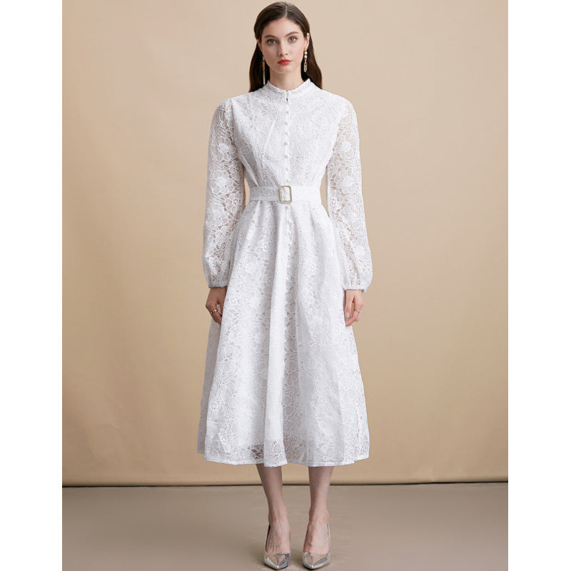 Lace Embroidered Belted Midi Dress