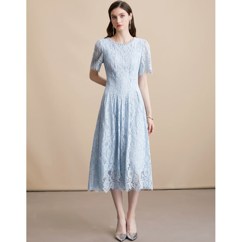Pearl Embellished Sky Blue Lace Dress