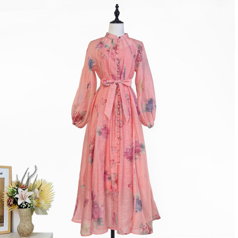 French Floral Stand Collar Dress