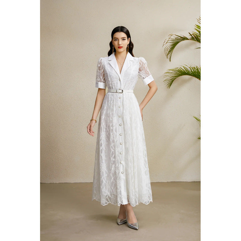 Embroidered Lapel Lantern Sleeve Dress