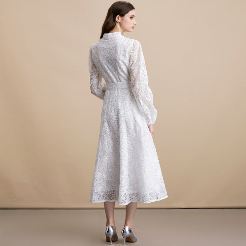 Lace Embroidered Belted Midi Dress