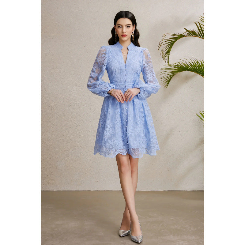 Embroidered V-Neck Lantern Sleeve Dress
