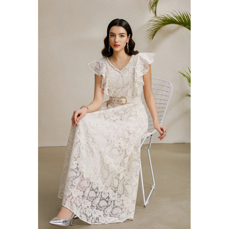 Beaded V-Neck Flutter Sleeve Maxi Dress