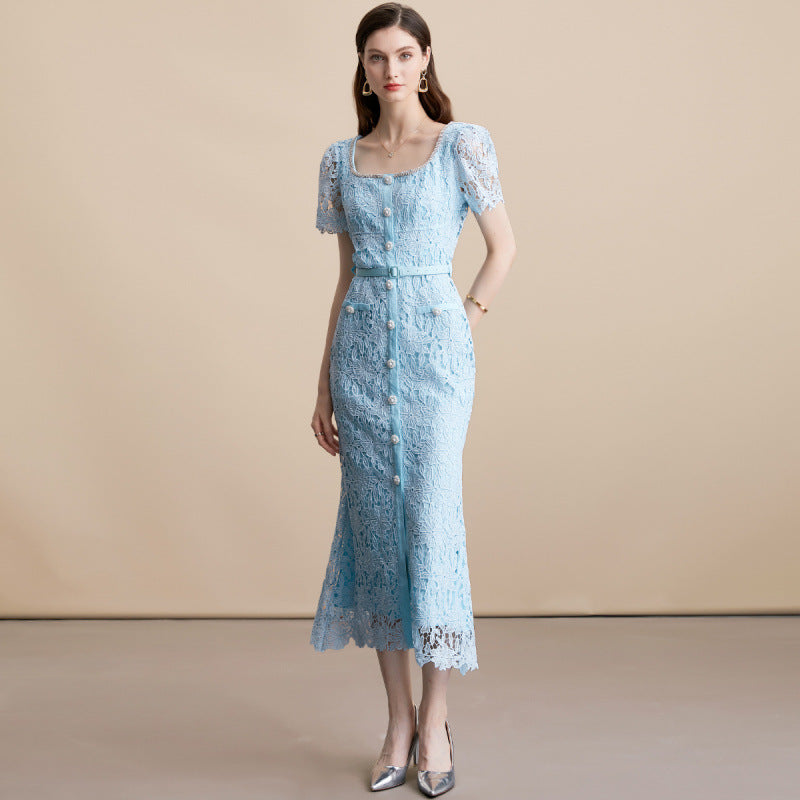 Square Neck Lace Mermaid Dress