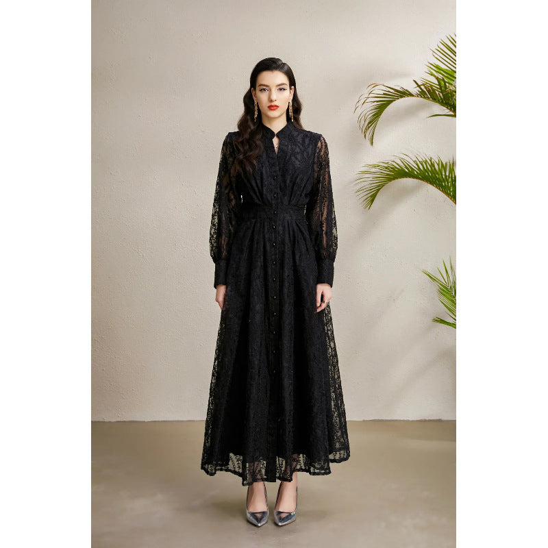 Embroidered V-Neck Lantern Sleeve Dress