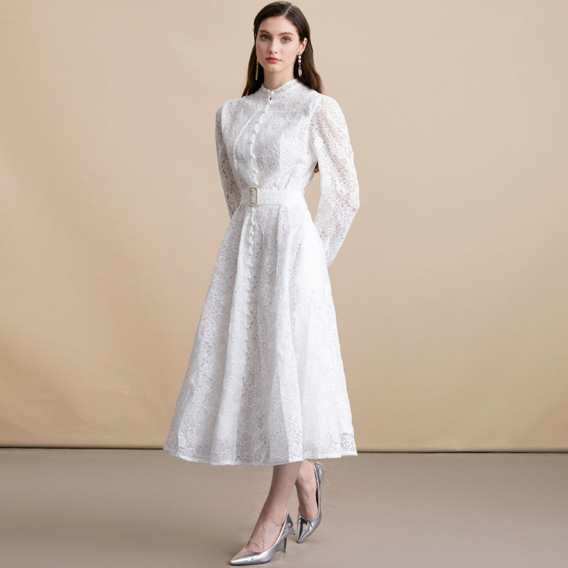 Lace Embroidered Belted Midi Dress