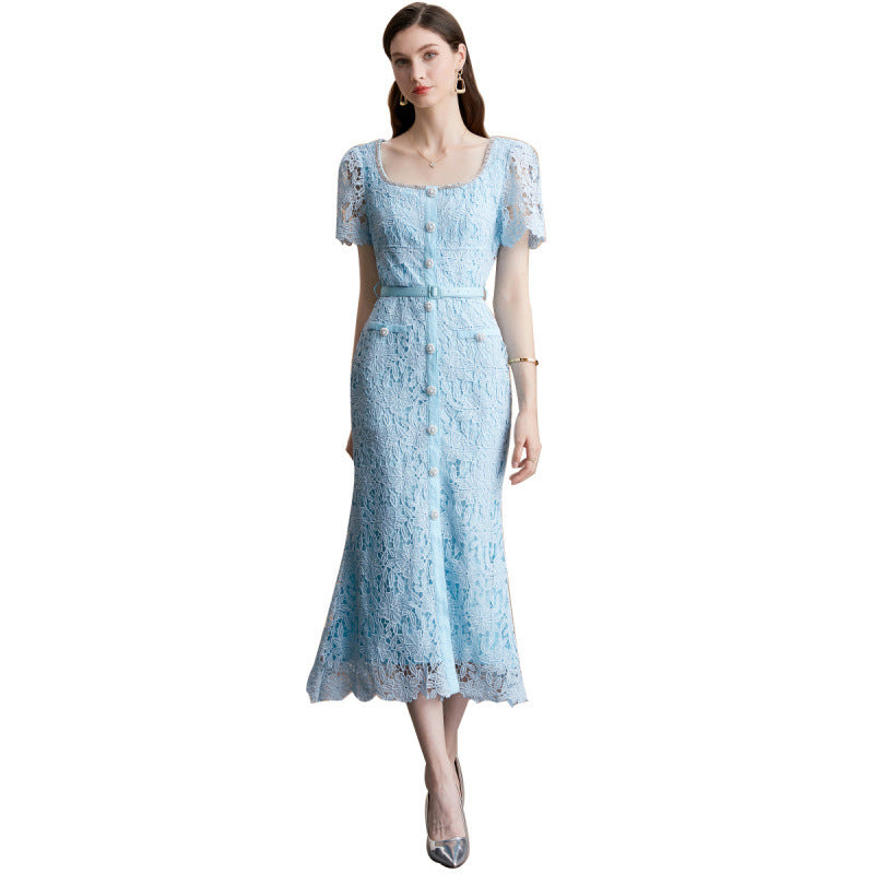 Square Neck Lace Mermaid Dress