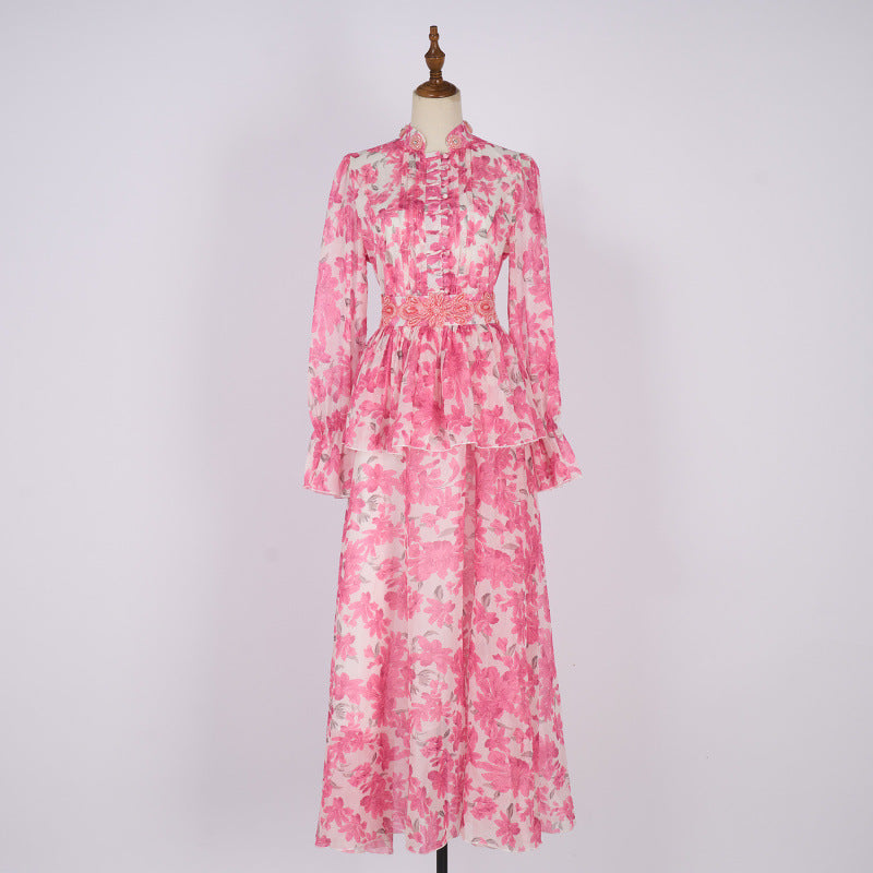 Embroidered Button Waist Maxi Dress