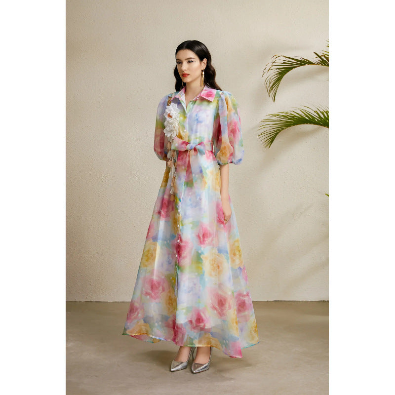 3D Floral Puff Sleeve Maxi Dress