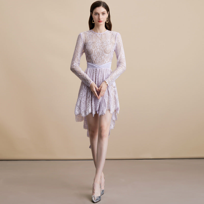 Sheer Lace Irregular Hem Dress