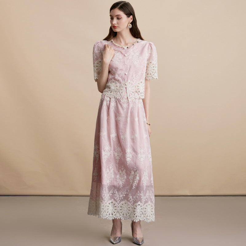 Lace Embroidered Vest Skirt Set