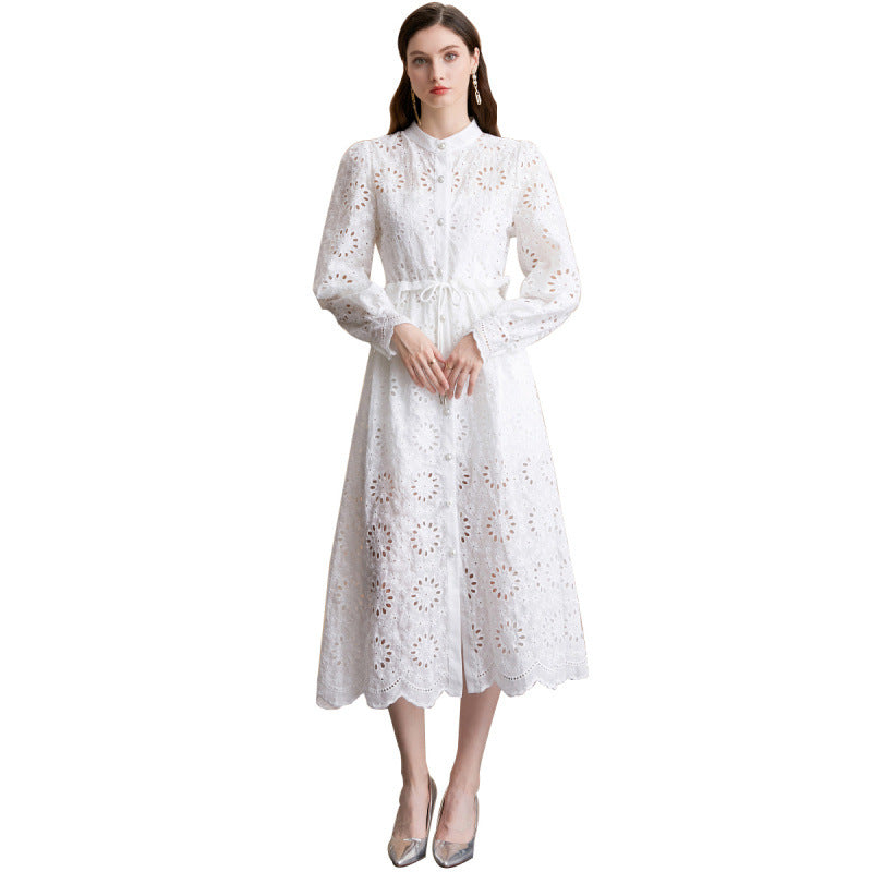 White Lace Hollow-Out Dress Set
