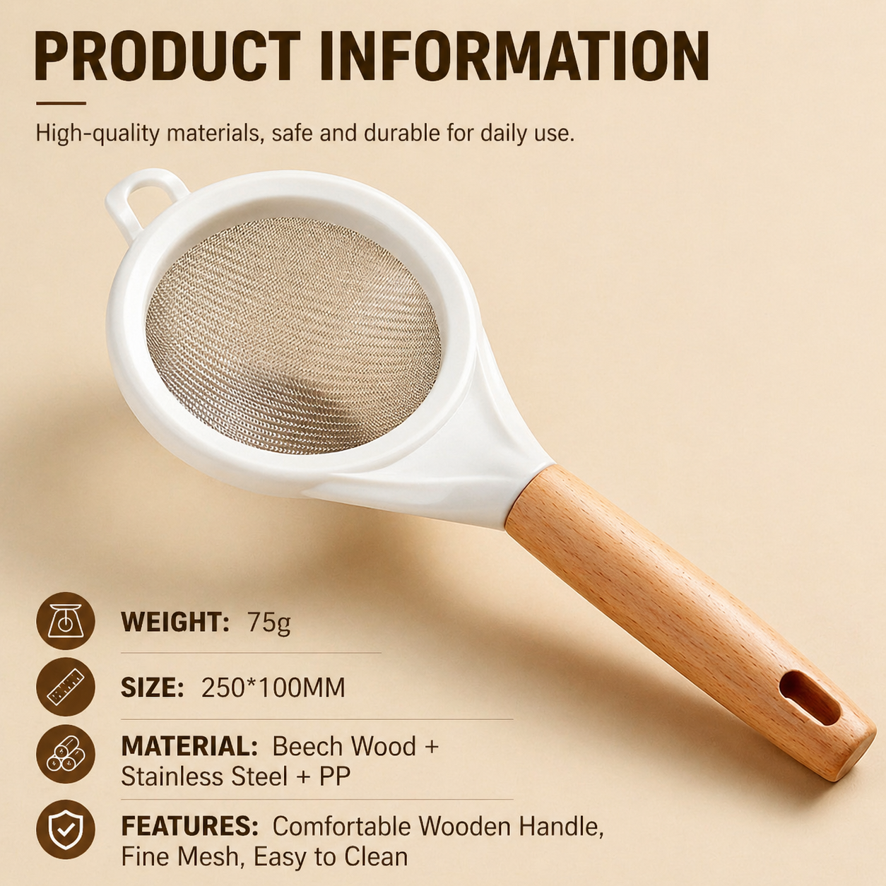 Stainless Steel Colander, Kitchen Baking Flour Sieve, Noodle Strainer, Fine Mesh Filter Spoon with Wooden Handle, Wholesale Kitchen Strainer Tools.