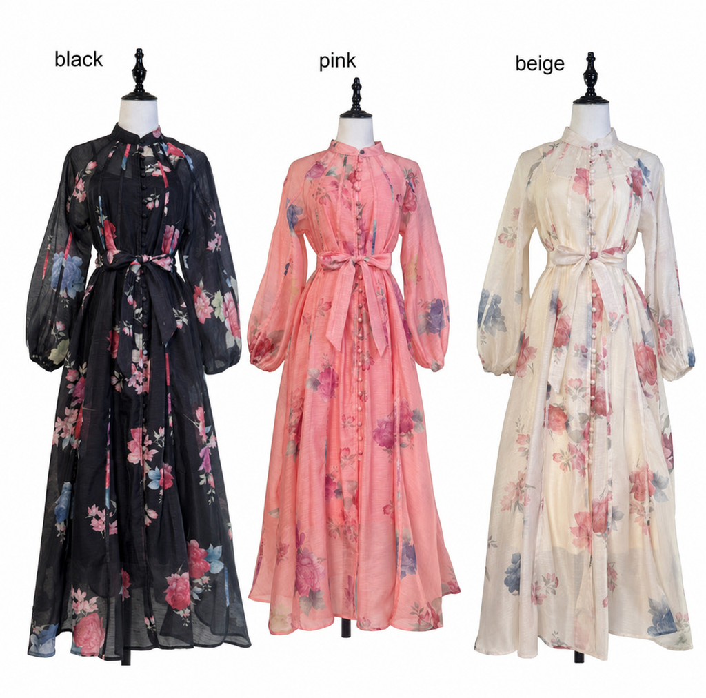 French Floral Stand Collar Dress