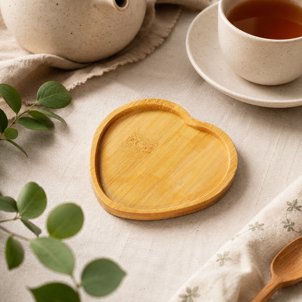 Heart-Shaped Bamboo Tea Coaster & Cup Mat