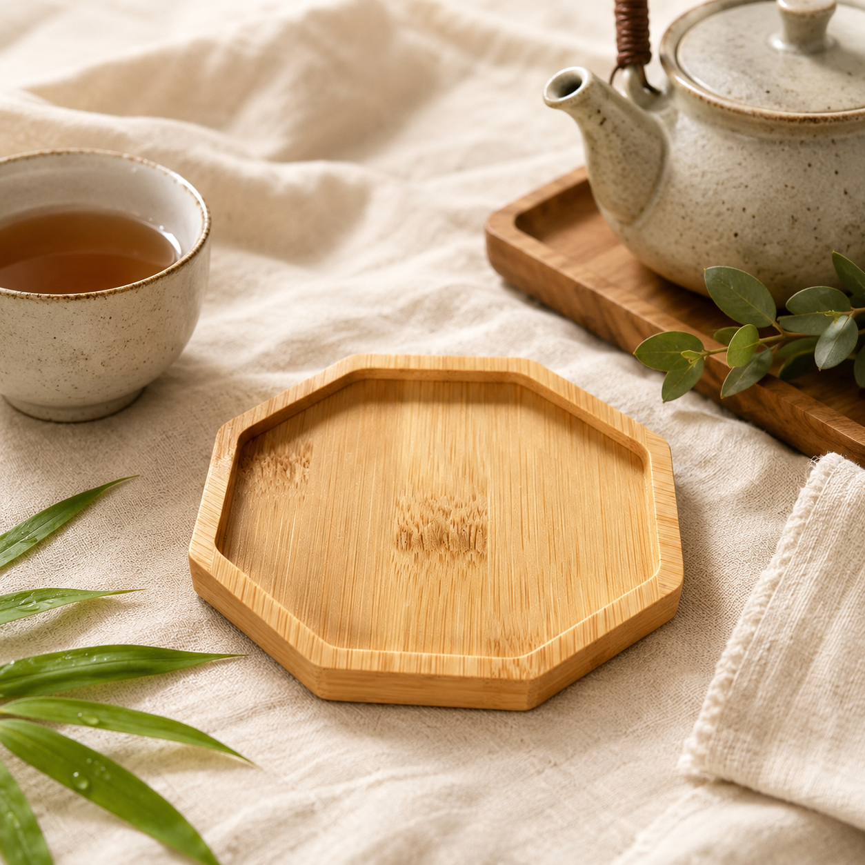 Octagon Bamboo Tea Coaster & Small Serving Tray